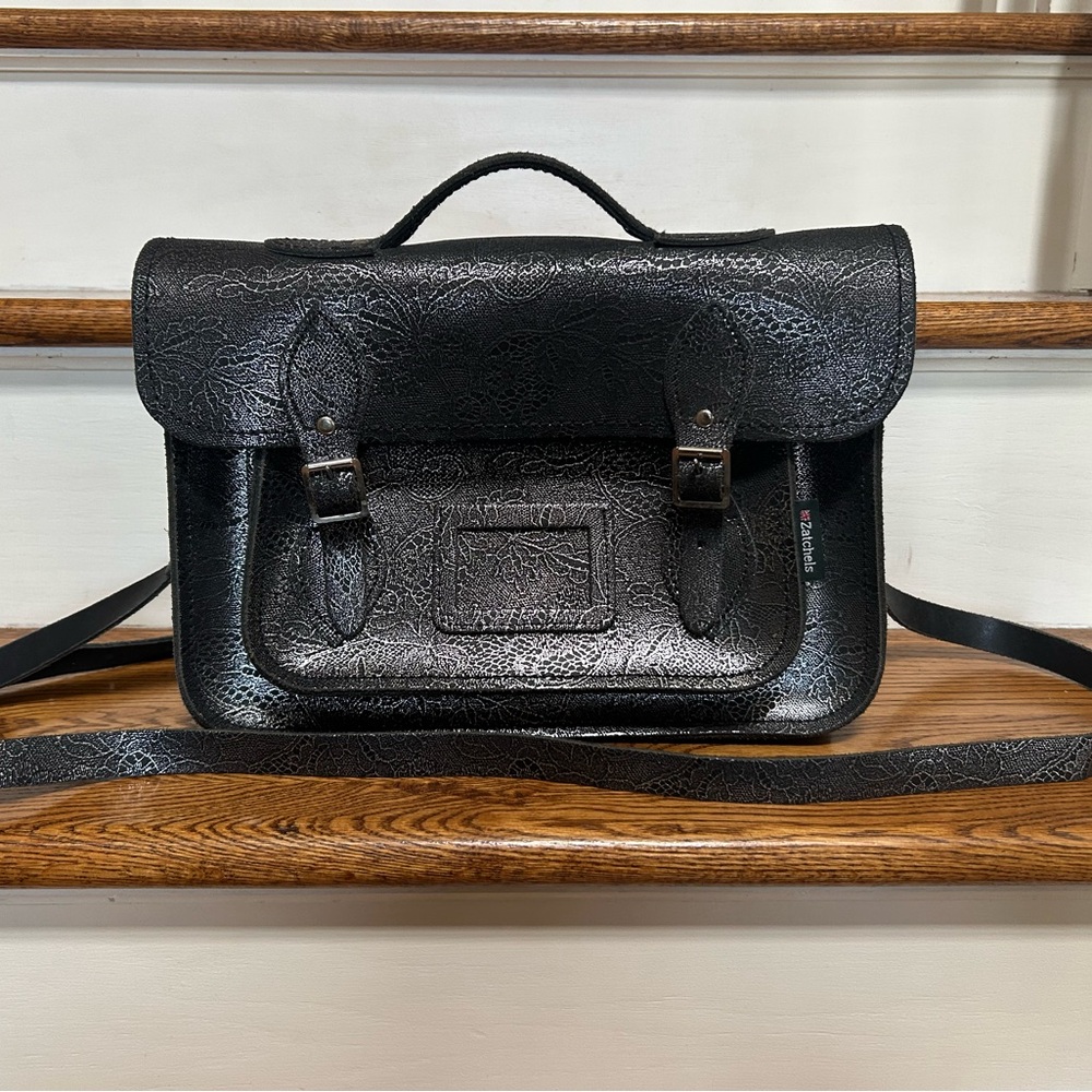 Zatchels Classic Satchel – Black with Silver Lace Embossing